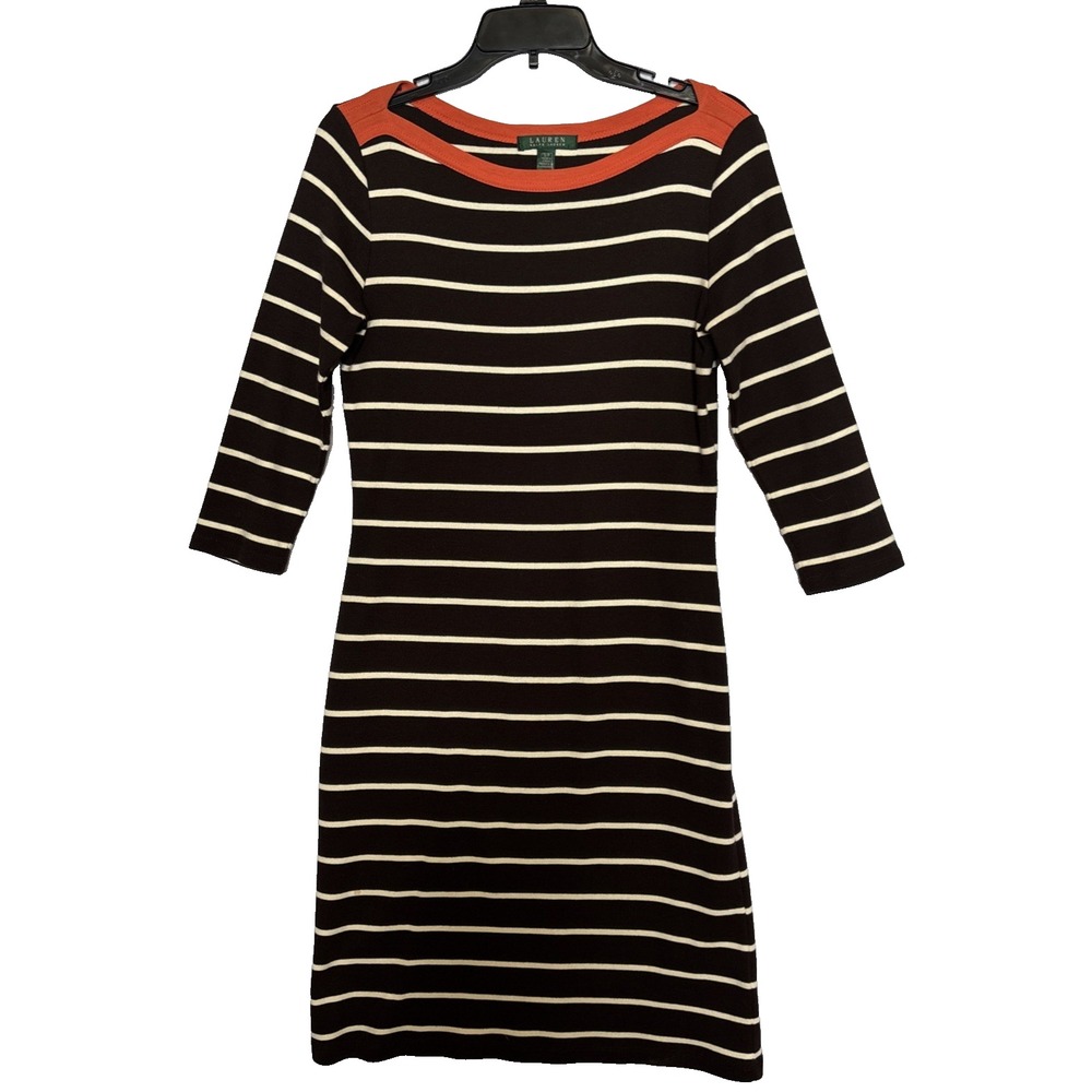 Lauren Ralph Lauren A-Line Dress Womens S/P Brown Striped 3/4 Sleeve Boat Neck
